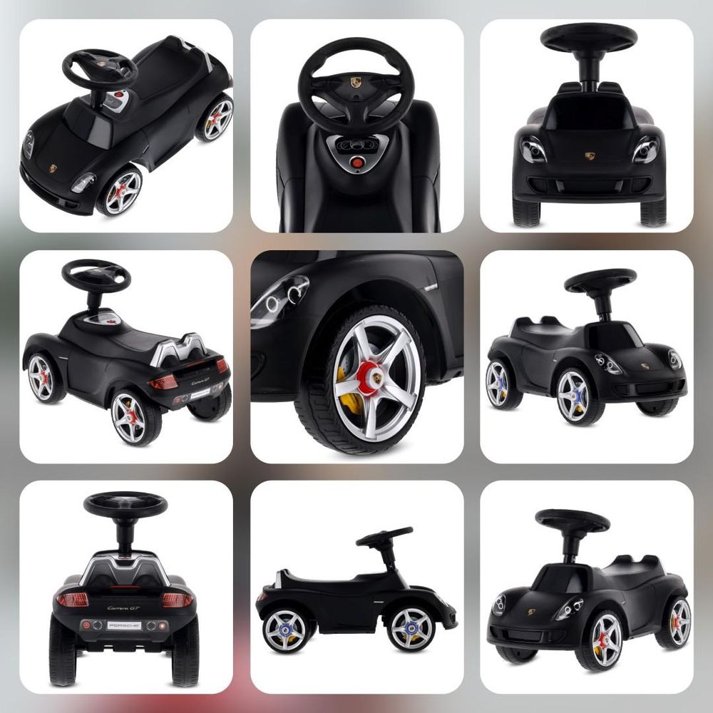 Collage de détails du porteur SUN BABY noir : roues, phares, volant et finitions.