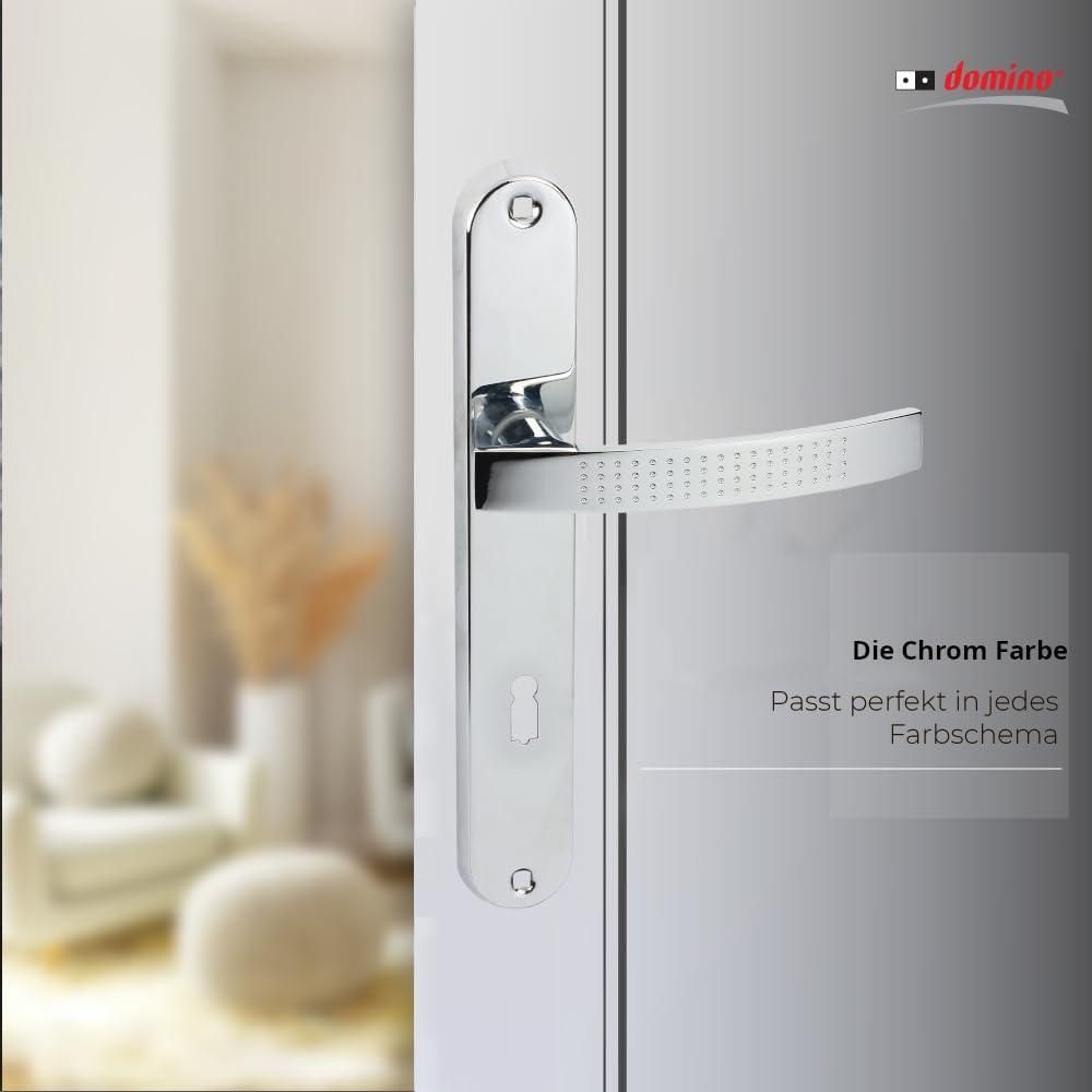 DOMINO Türgriff 72 Drückergarnitur BB-Buntbart Set | Türklinke für Zimmertür, Bürotür, Kellertür & Innentür | L-Form | Aluminium | Chrom | ALMA ECO M6