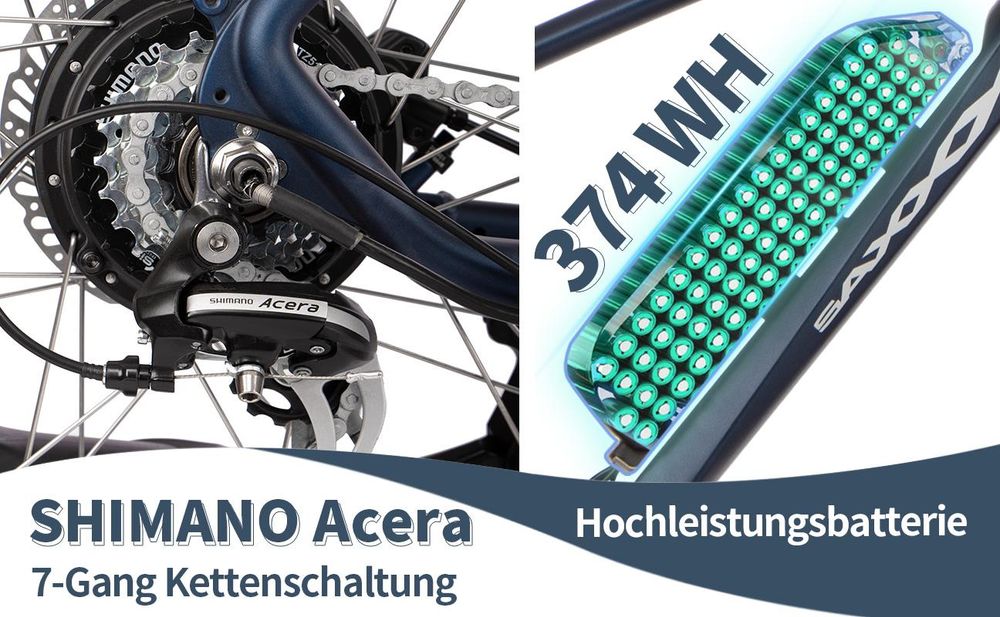 SAXXX E-Bike, EVEREST 2.0 DIAMANT Tiefeinsteiger Elektrofahrrad, 374Wh integrierter Akku, Shimano Acera 7-Gang, City E-Bike