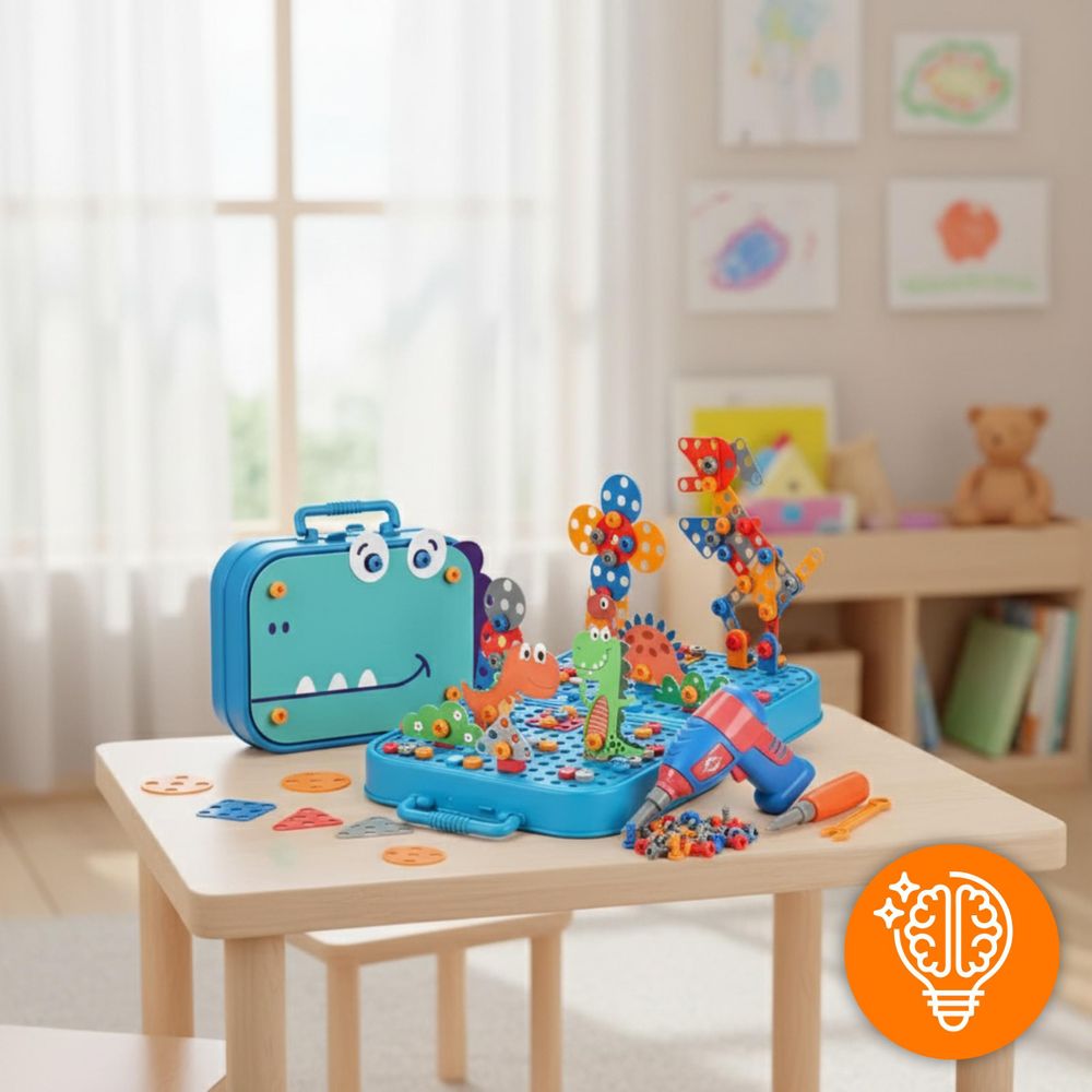 Dinosaurier Konstruktionsspielzeug 228 Teile, Montessori Werkzeugkasten mit Elektroschrauber, 3D Mosaik Steckspiel ab 3 Jahren, EVI TOYS