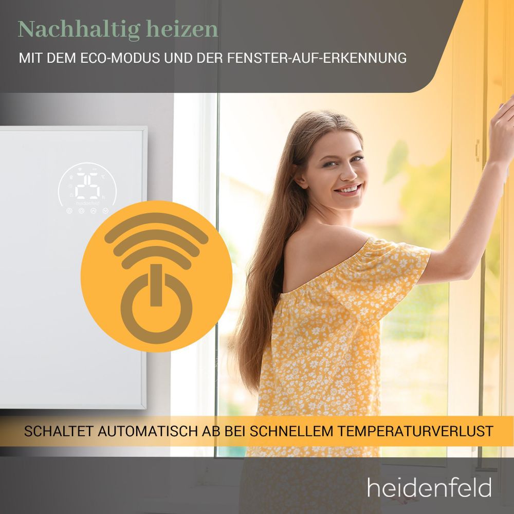 Heidenfeld Infrarotheizung HF-HP140 | Bis 10 m² - Heizkörper - Heizpaneel - Infrarot - App Steuerung - Touch Bedienfeld - Kindersicherung (300 Watt)