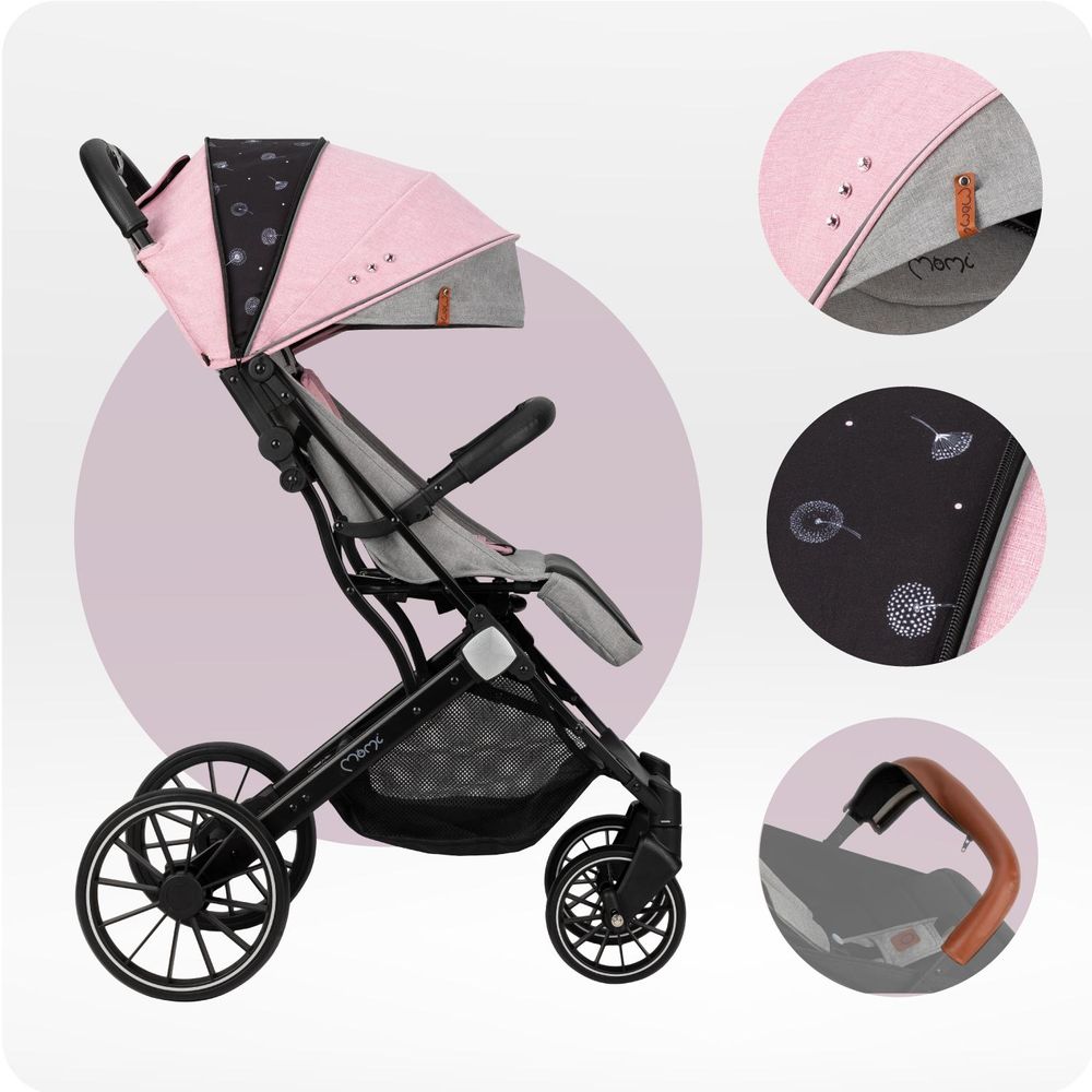 MoMi ESTELLE DAKAR – Ultraleichter Baby Kompaktbuggy mit XL-Rädern, Einhand-Faltung & Trolley-Funktion, inkl. Zubehör, ideal für Reisen – Grau/Rosa