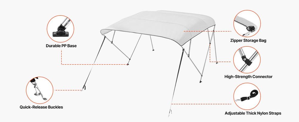 VEVOR Bimini Top Bootsabdeckung Markise (4 Bögen), Aluminiumrahmen, wasserdichtes Biminitop mit Aufbewahrungstasche, 201-213 cm (Breite) Hellgrau