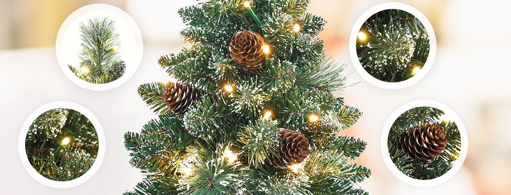 Yorbay Mini Weihnachtsbaum mit 20 warmweiß LEDs Mit Fernbedienung, mit Schnee, ca.40cm Tannenbaum mit Zapfen mit weißer Spitze für Weihnachten, Advent