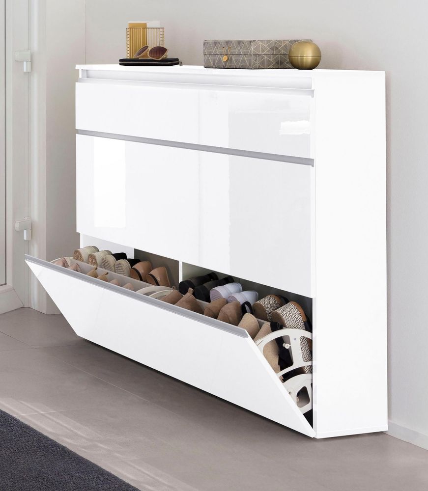 möbelando Schuhschrank – moderner Schuhschrank mit 3 Klappen in Weiß Hochglanz
