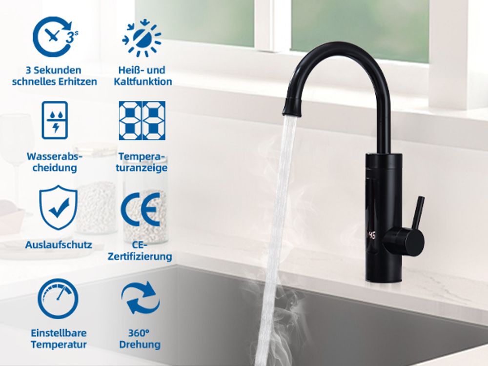 Wasserhahn Küche Homelody 360°Schwenkbar Durchlauferhitzer 230V Elektrischer Küchenarmatur mit LED Edelstahl Spülarmaturen Warmwasserboiler Camping