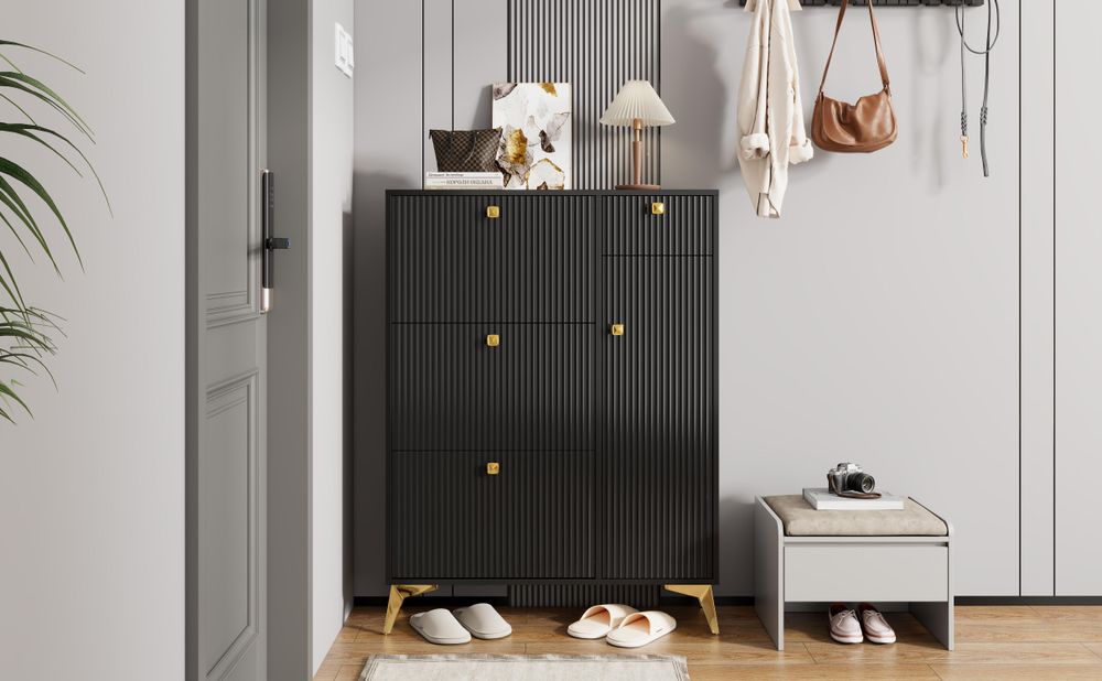 Merax Schuhschrank mit 3 Klappen Schuhregal mit Tür und Schublade,Sideboard Schuhkipper H121/B90/ T25cm