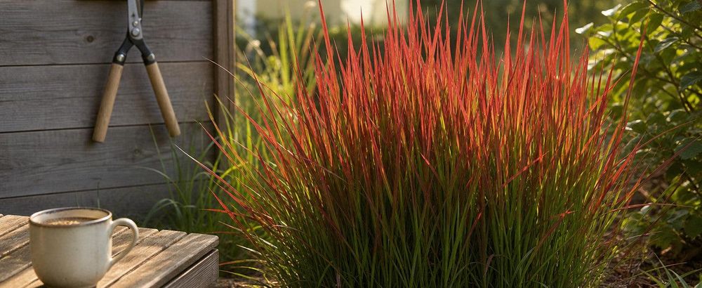Entspannte Gartenszene, Schere hängt unbenutzt am Haken