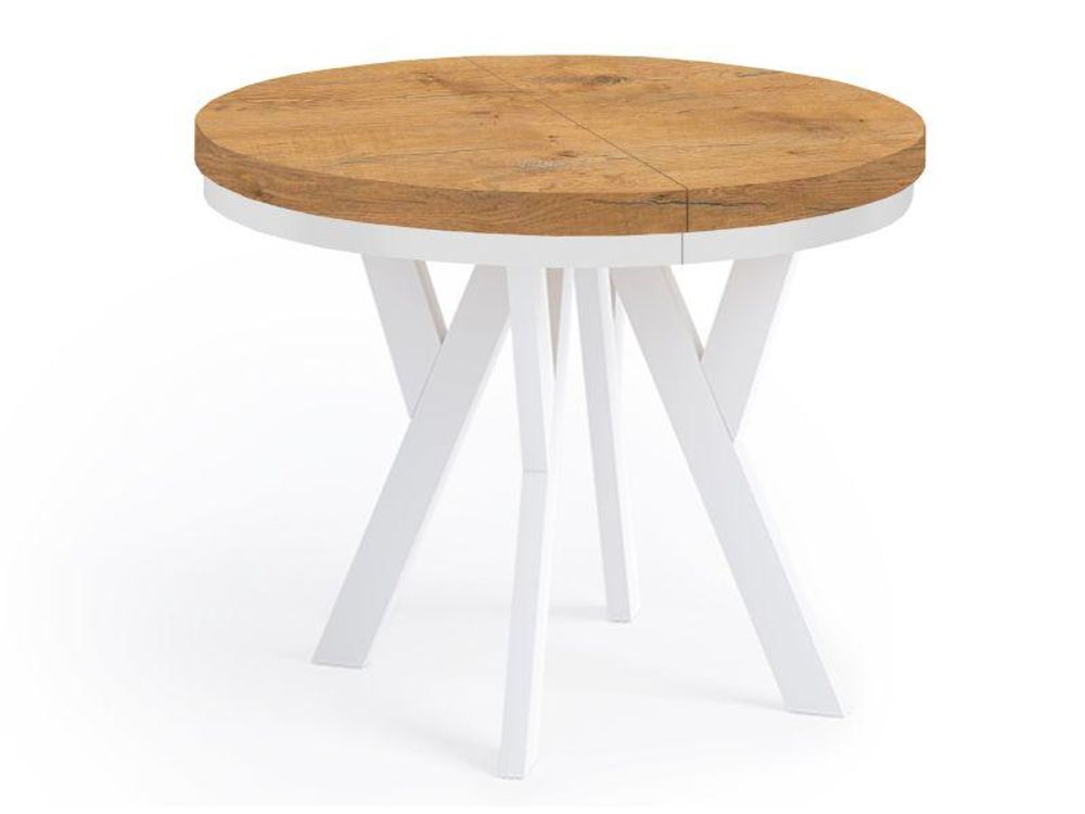 Runder Ausziehbarer Tisch für Esszimmer, PERO, Loft-Stil, Skandinavische, Durchmesser: 90 / 190 cm, Farbe: Eiche Lancelot / Weiß