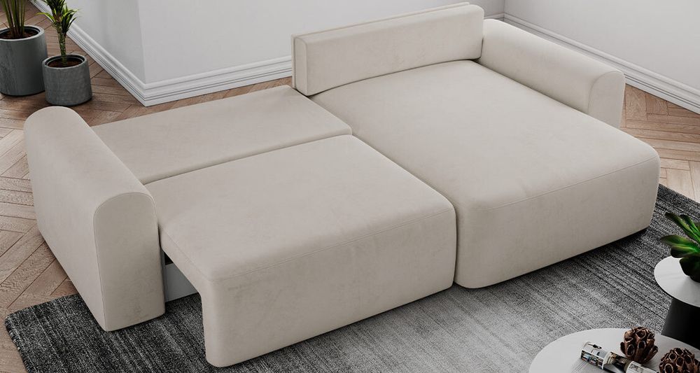 Rosa Ecksofa aus weichem cord-Stoff. Foto zeigt Schlaffunktion