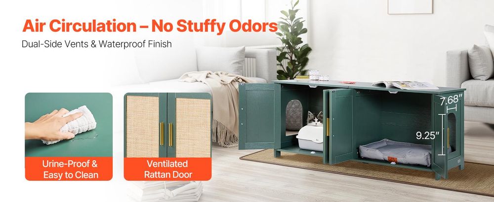 VEVOR Katzenschrank, 1200x450x500 mm, Katzentoilette mit 4 Rattantüren & 2 Eingängen, Katzenklo Schrank für den Innenbereich, Katzenhaus passend für die meisten Katzentoiletten, grün