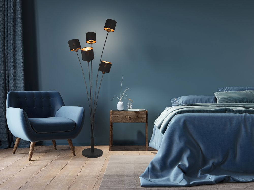 Stehleuchte TOMMMY 5 flammig Metall, Stoffschirm Schwarz Gold, Höhe 163cm