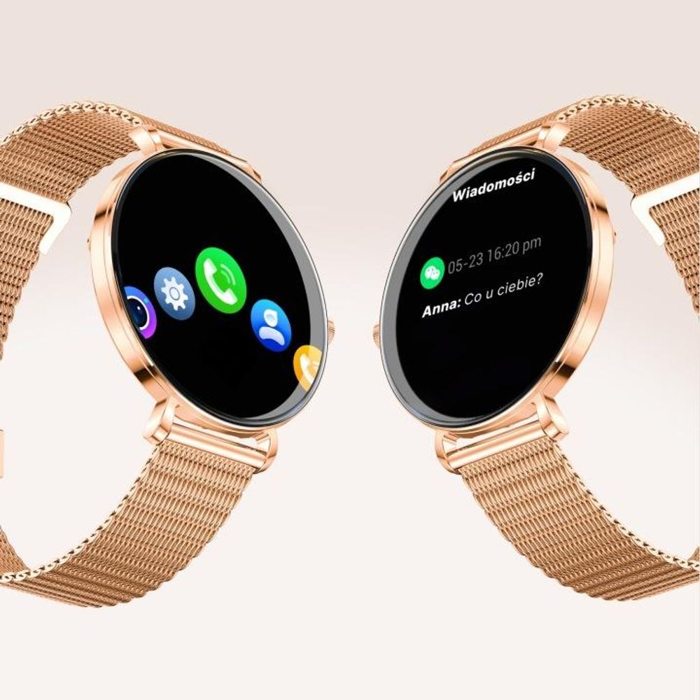 Forever Smartwatch dla modnych kobiet, Bluetooth, AMOLED, można dzwonić bezpośrednio z zegarka SB-370 Lucca różowe złoto - bransoleta Spotted