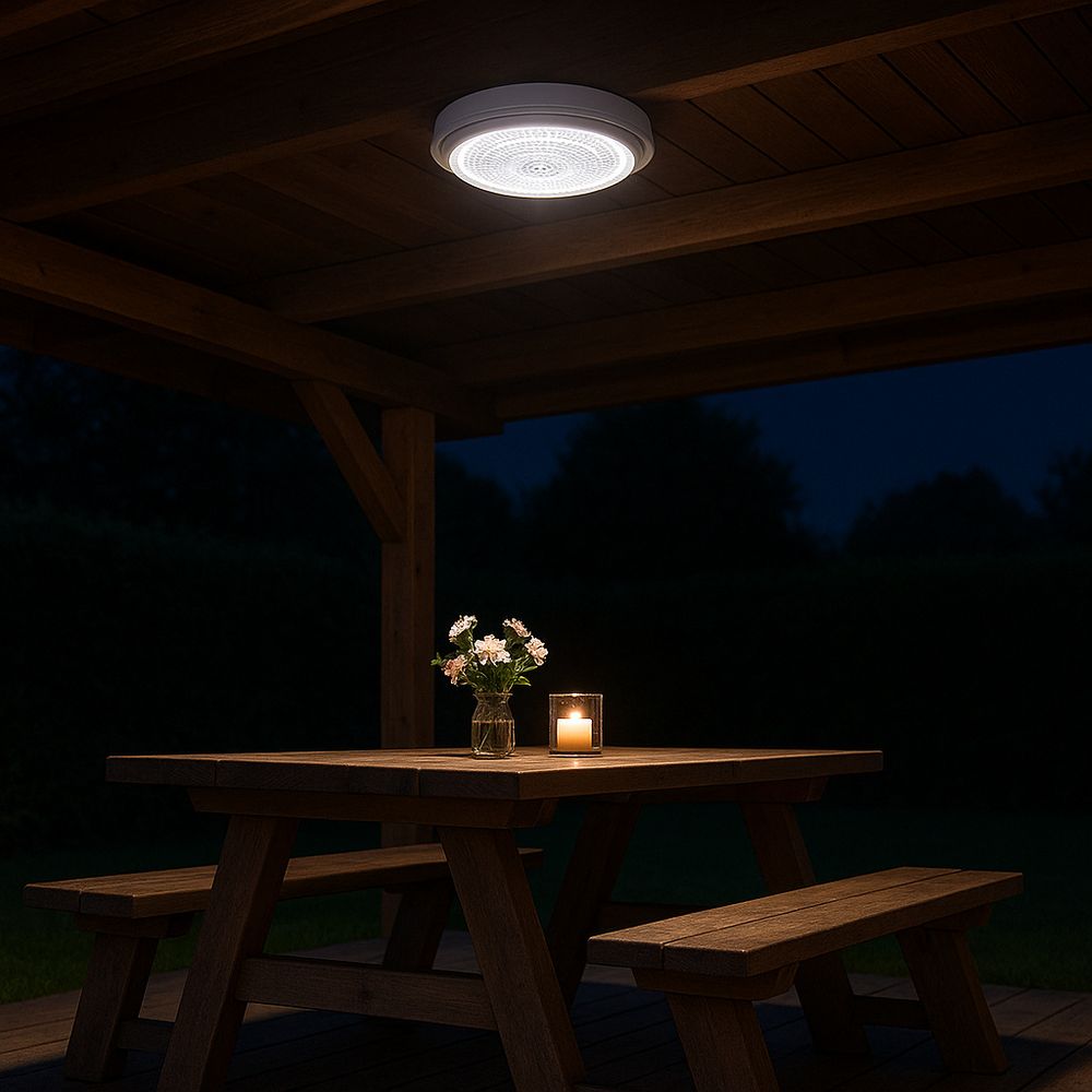 Helle, runde Deckenleuchte strahlt neutralweißes Licht im Gartenpavillon aus.