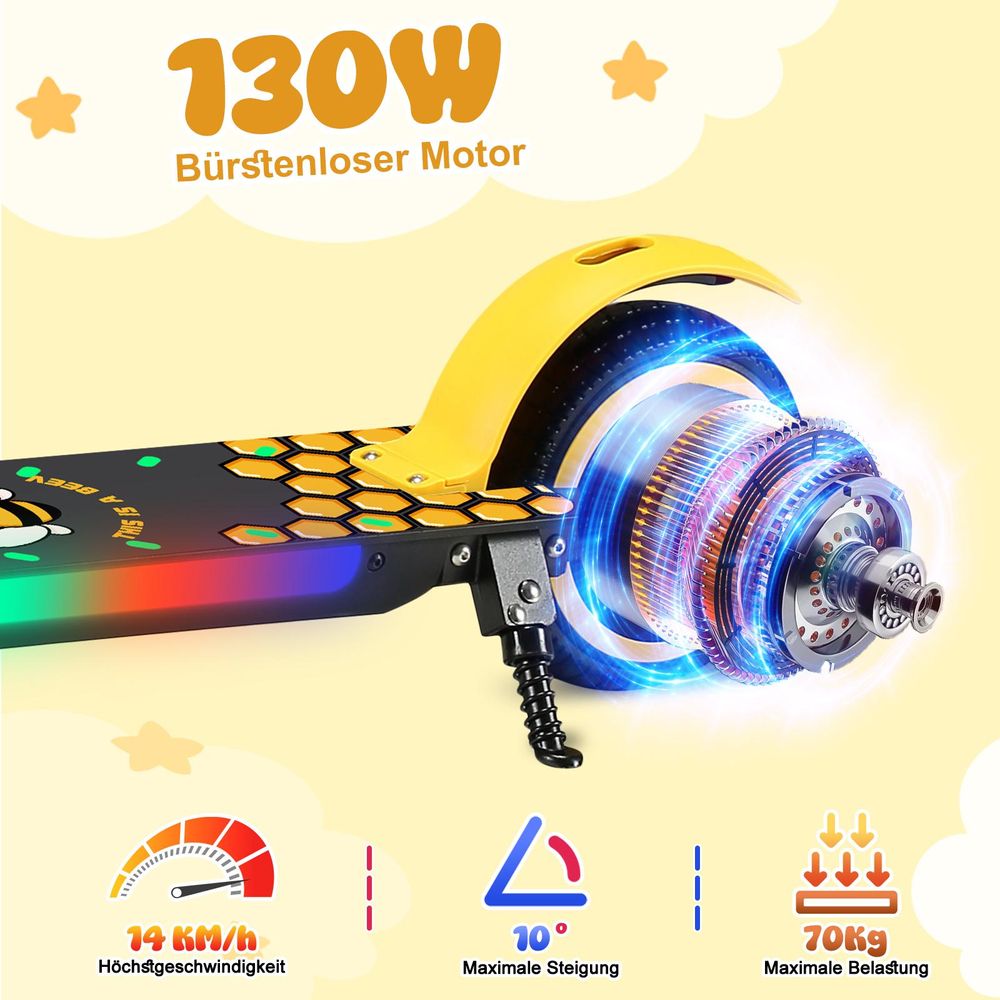 KXQ-EPRO Elektroscooter Kinder Klappbar Elektroroller Gelb Kinderroller Für Kinder und Jugendliche 130W Motor,14 km/h,5-8 km Reichweite E-Scooter