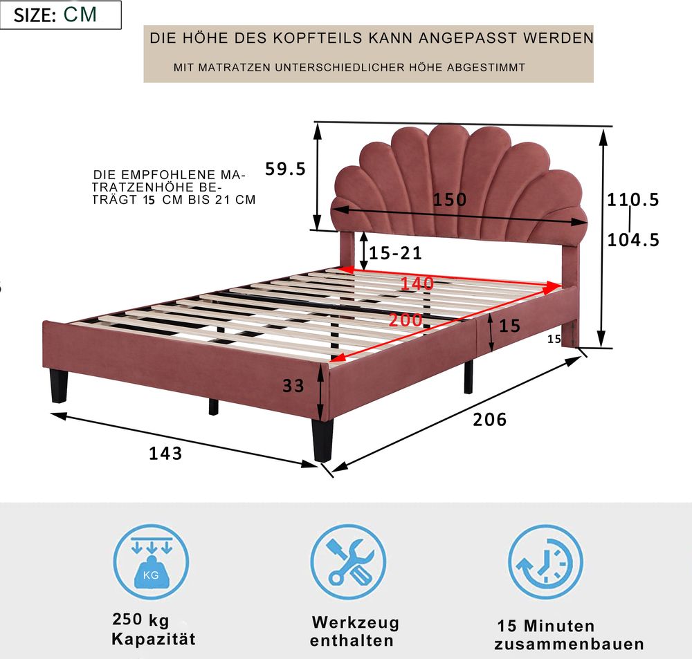 Flieks Polsterbett 140x200cm Samt mit Blumenform-Kopfteil und Lattenrost Doppelbett Kinderbett für Damen Kinder Jugend