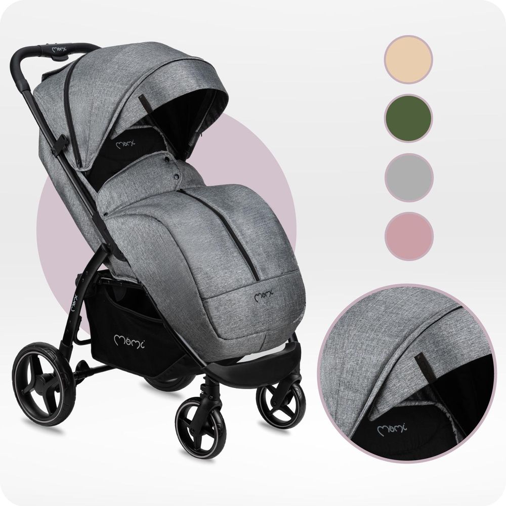 MoMi MIYA EVA – Ultrakompakter Kompaktbuggy mit Einhand-Faltung, XL-EVA-Rädern, verstellbar, inkl. Zubehör & Sonnenverdeck – Grau