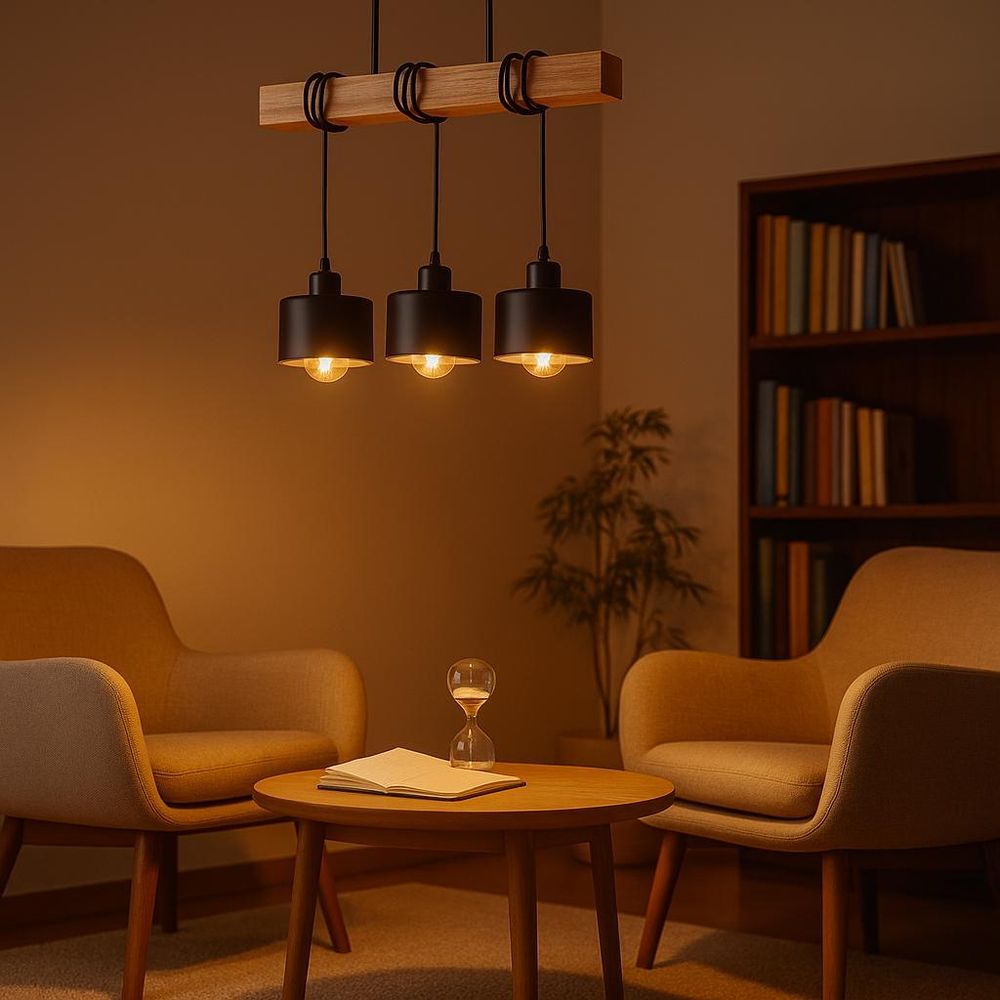 MasterLED Hängelampe 3-flammig E27 Loft design – Echtholz Eiche – Schwarz – Industrial Deckenleuchte für Esszimmertisch