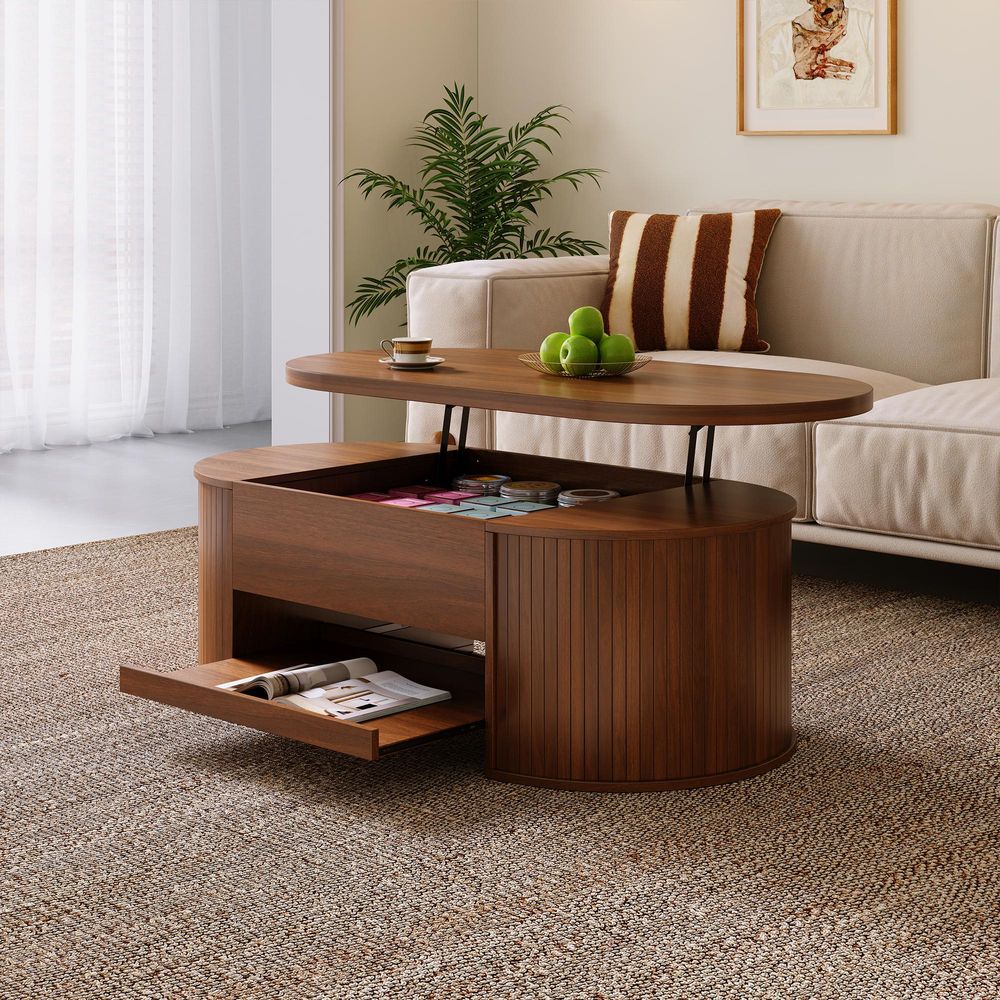 STILVORA anhebbarer Couchtisch mit ausziehbarem Regal,Kaffeetisch mit verstecktem Stauraum,Beistelltisch mit mit abgerundetem Design,Walnuss