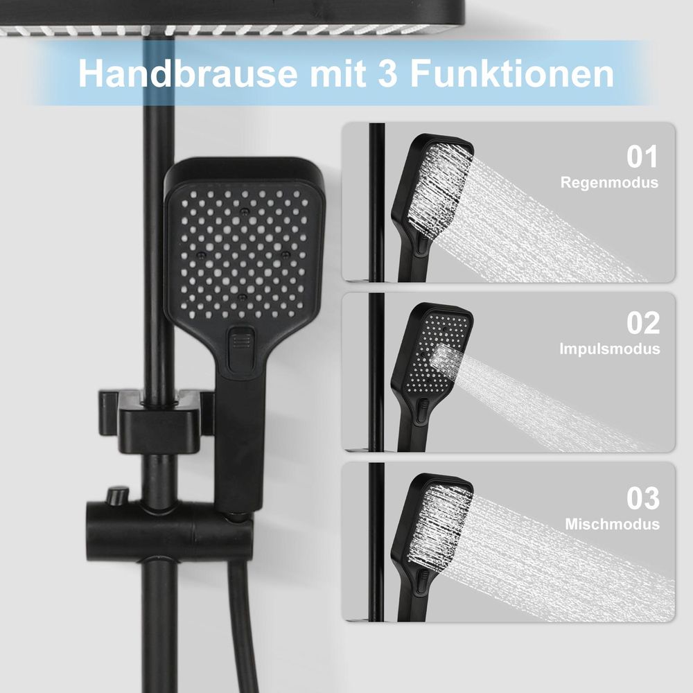 Schwarzes Duschsystem mit Regendusche, 4 Wasserfunktionen, LED Wasserlicht & Luftdruck-Technologie, höhenverstellbare Duschsäule mit Handbrause