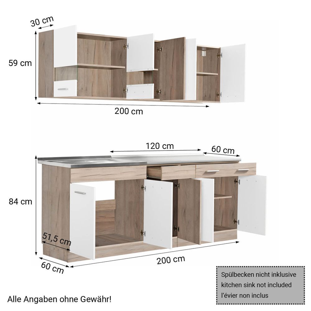 Homestyle4u Küche Küchenblock 200 cm Weiß Küchenzeile ohne Geräte Einbauküche Singleküche