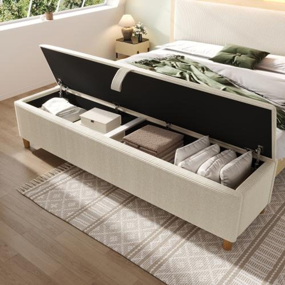 okwish Sitzbank 145x38 mit Hydraulischem Stauraum,Bettbank aus Cord,Polsterbank für Schlafzimmer, Wohnzimmer und Flur,Beige