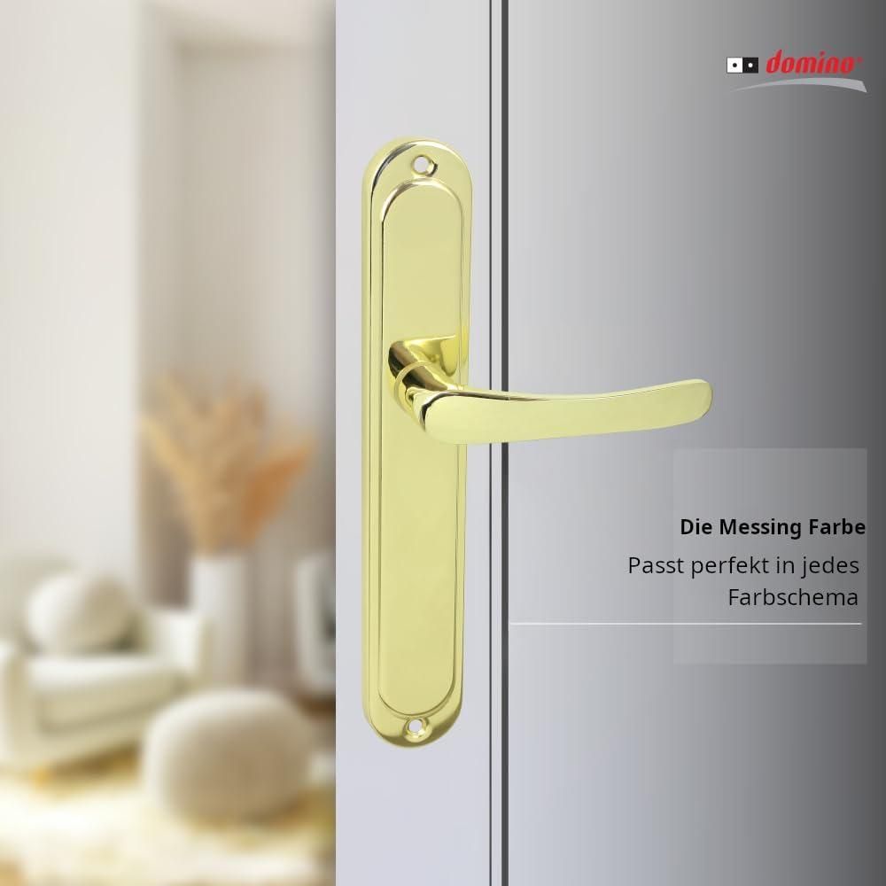 DOMINO Türgriff Blind Drückergarnitur | Langschildgarnitur | Türklinke für Zimmertür, Bürotür, Kellertür & Innentür | L-Form | Türbeschläge aus Aluminium |Gold Türdrückergarnitur | NOVA 1