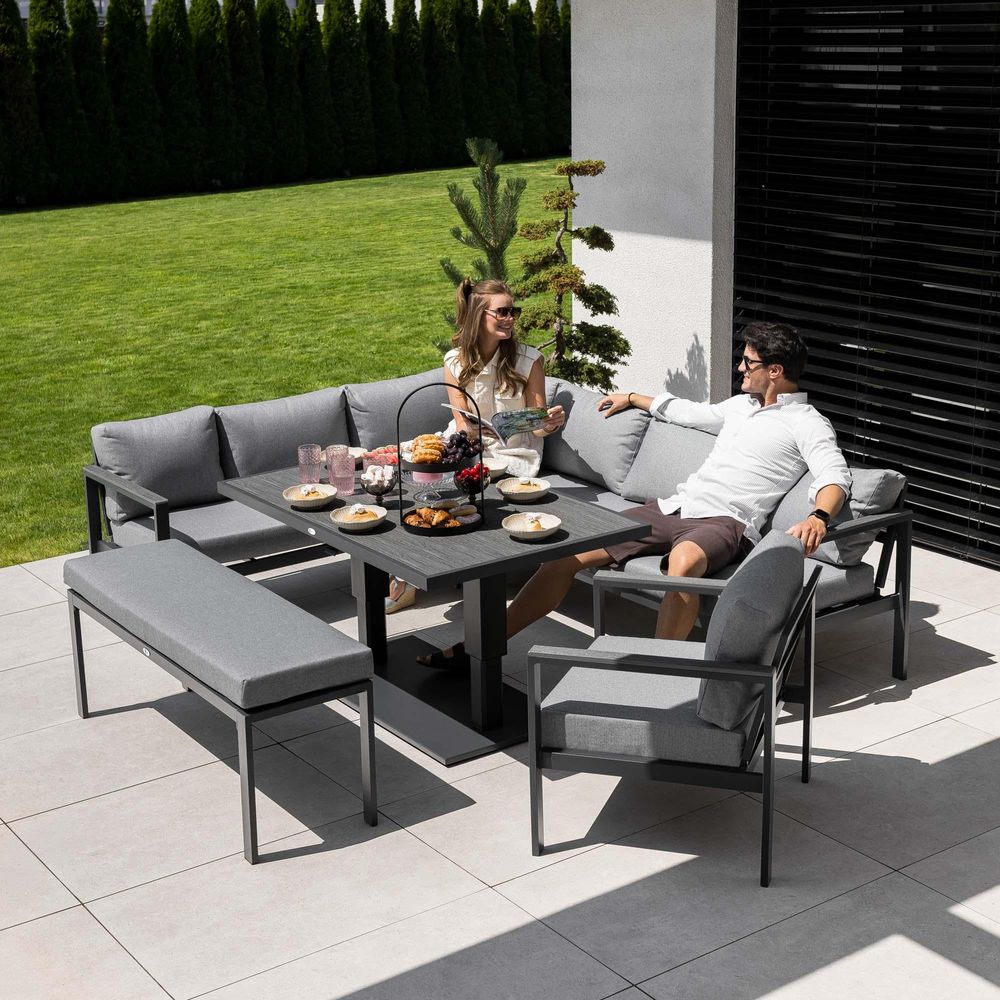 di volio Gartenmöbel Set Noli – grau, Outdoor Lounge aus Aluminium mit höhenverstellbarem Kunstholz–Tisch, wetterfest & bequem für 10 Personen