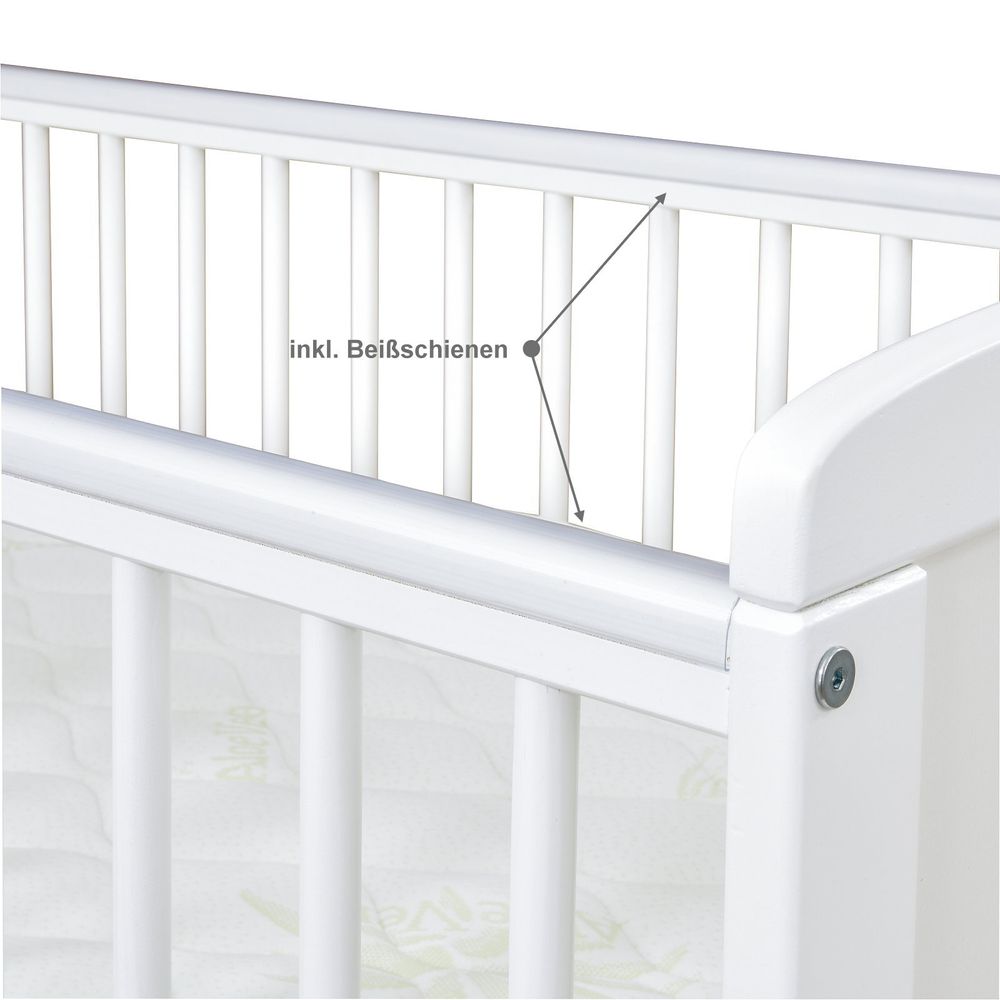Baby-Delux Babybett Kinderbett Max 2in1 weiß 60x120 Kiefermassivholz, Komfort Matratze, Lattenrost, Beißschienen zum Schutz