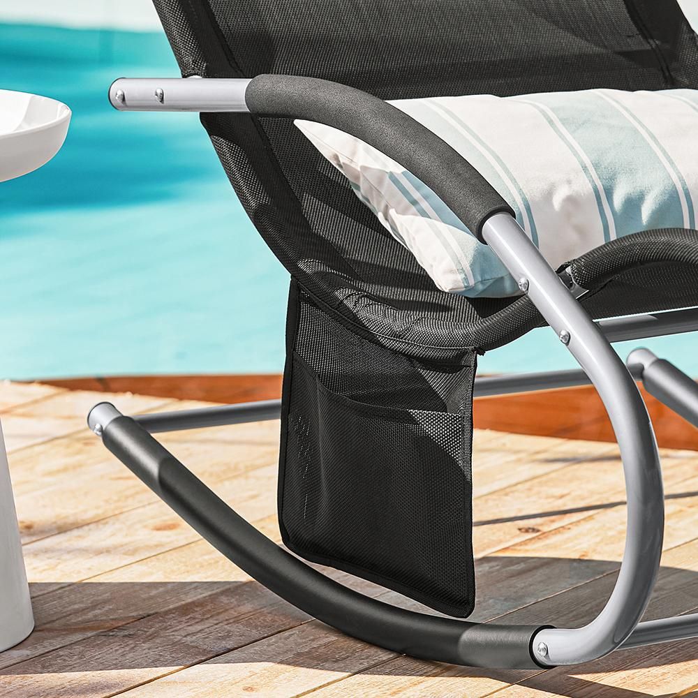 SoBuy OGS28-SCH Sonnenliege Gartenliege wetterfest Liegestuhl Schaukelstuhl mit Kopfkissen Relaxliege Schaukelliege Strandliege bis 150 kg Schwarz