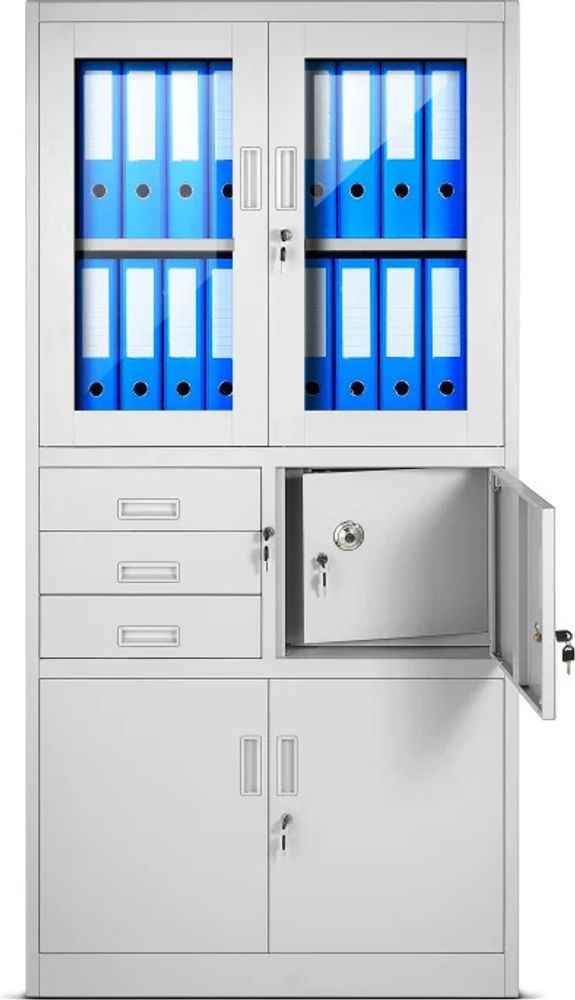 Aktenschrank C018S Büroschrank Metallschrank Tresor Safe Geheimfach Schubladen Pulverbeschichtung 185 cm x 90 cm x 40 cm (H x B x T), Farbe: Grau
