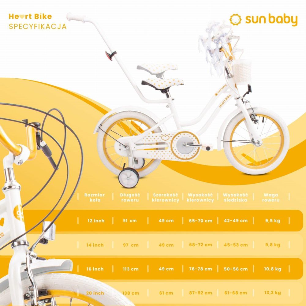 Tabla de medidas y características de la bicicleta infantil SUN BABY Heart Bike.