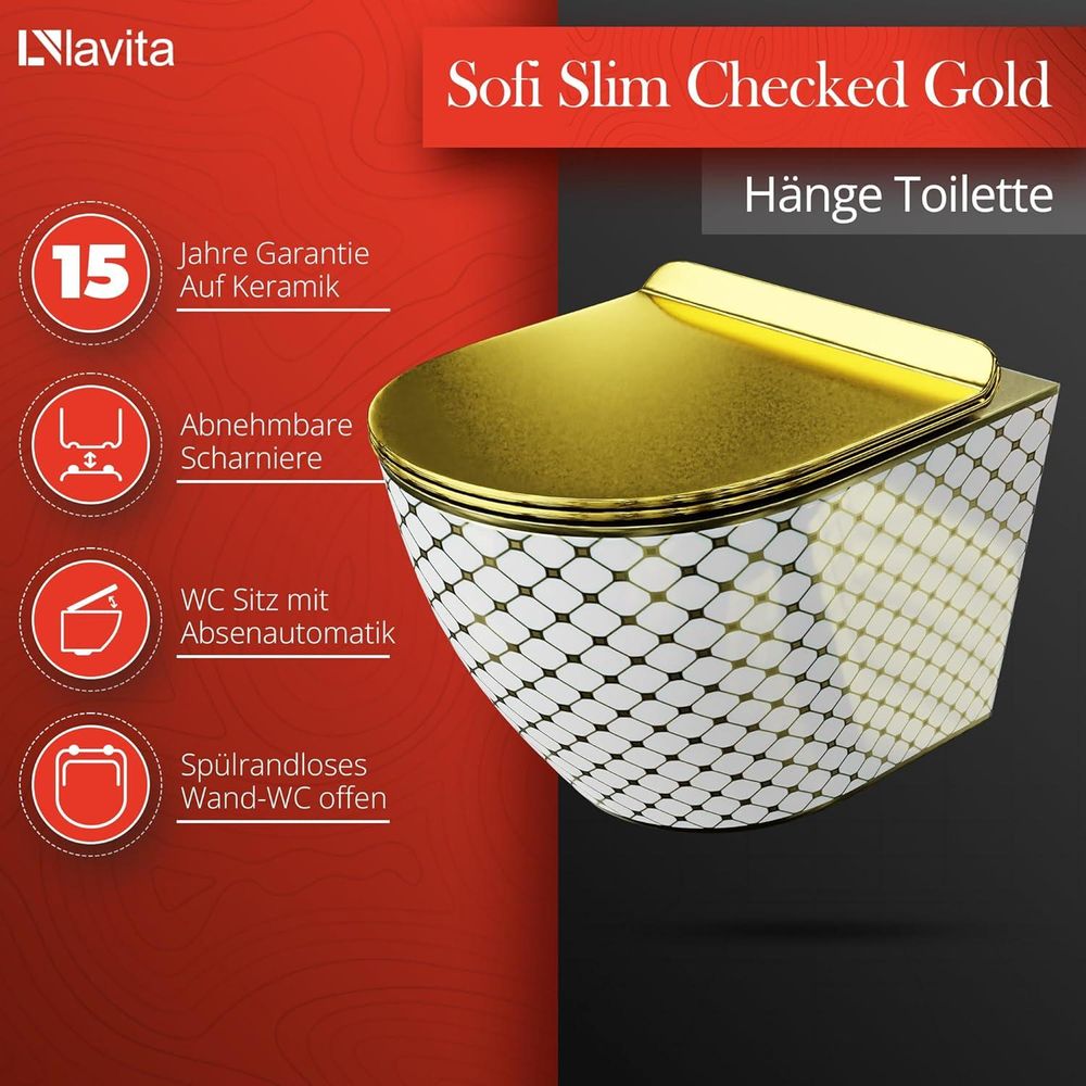 Lavita LAV 101 Vorwandelement für WC 40cm + Wand Hänge Tiefspül WC SOFI SLIM CHECKED GOLD Spülrandlos + Bedienplatte LAV 200.4.5 Gold | Komplettset | Unterputz Spülkasten | Toilette Komplett Sett