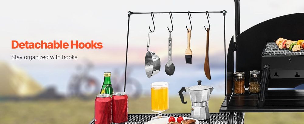 VEVOR Camping Küchentisch Outdoor Kochtisch, tragbare Kochstation aus Aluminium mit Lagerschrank & Tragetasche, & abnehmbarer Windschutzscheibe, für Grillpartys Picknicks Wohnmobilreisen, schwarz