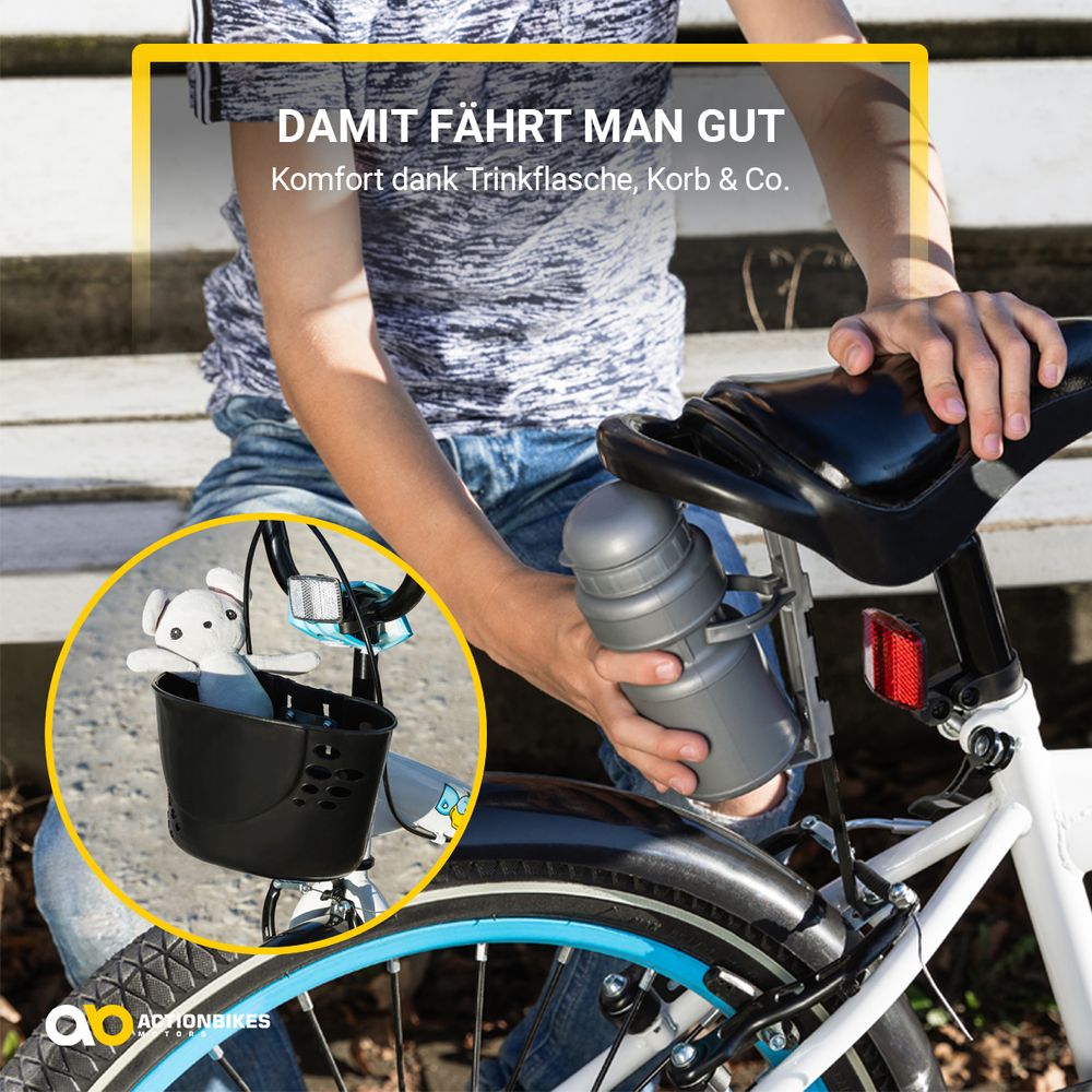 Actionbikes Kinderfahrrad Donaldo 20 Zoll | Kinder Fahrrad - V-Brake Bremsen - Kettenschutz - Fahrradständer - Fahrradkorb - 6-9 Jahre (Blau/Weiß)
