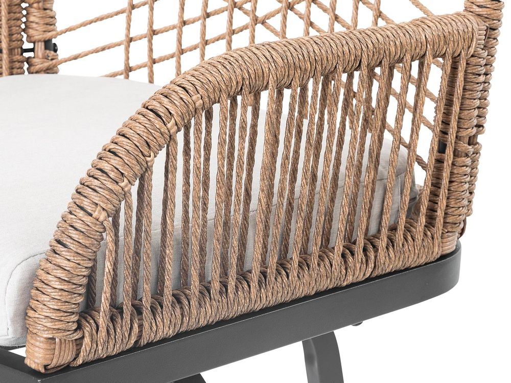 Drehbare Barhocker 2er Set aus Rattan und Metall mit grauen Kissen