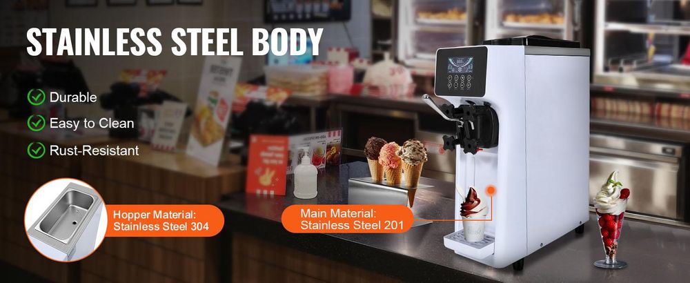 VEVOR Kommerzielle Eiscreme-Maschine, 10 L/h Leistung, 900 W, Softeismaschine für eine Geschmacksrichtung, auf der Arbeitsplatte, mit 4 L Trichter, 1,6 L Zylinder, LCD-Bildschirm, Vorkühlung