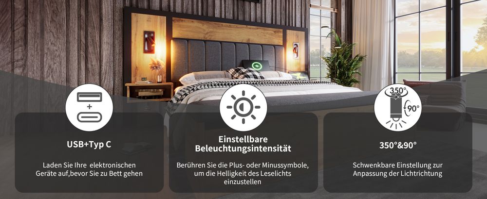 okwish Polsterbett 180×200 mit Leselampe und Nachttisch, Doppelbett mit USB und Sitzbank, Funktionsbett,Eiche,ohne Matratze