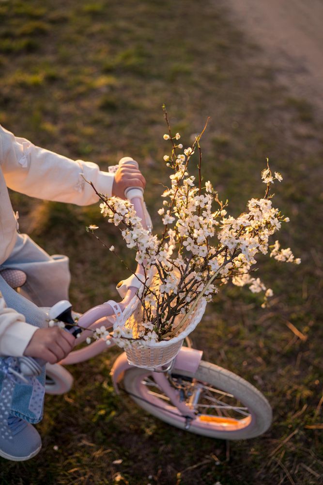Cesta delantera de la bicicleta infantil con flores dentro.