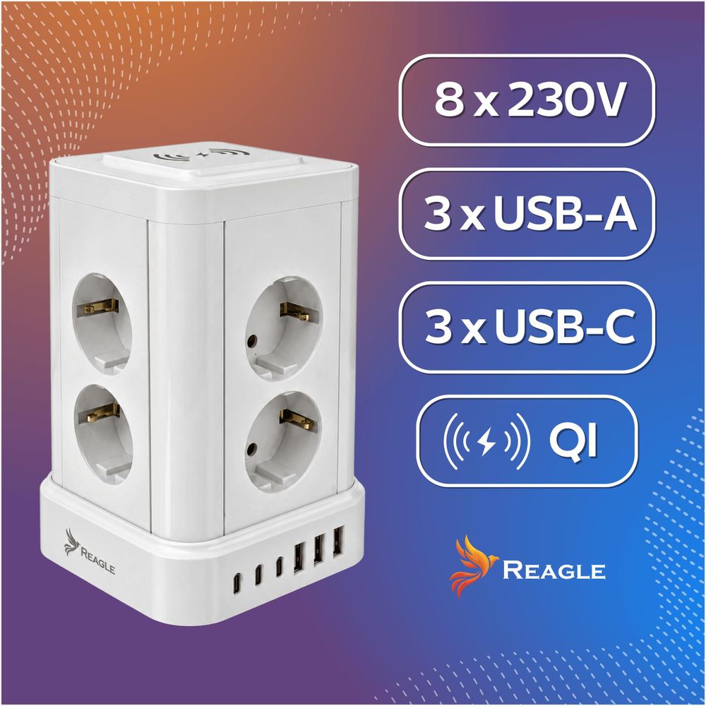 Reagle Steckdosenturm 8-fach & 6 USB (3x USB-C), 3m Kabel, Vertikale Mehrfachsteckdose mit kabellosem Laden, Überspannungsschutz 2500W, Weiß