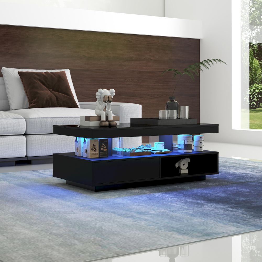 Merax Couchtisch mit 2 Schubladen und Stauraum, Beistelltisch Hochglanz Sofatisch mit LED inkl. APP, Wohnzimmertisch 95x42,5x50cm, Schwarz