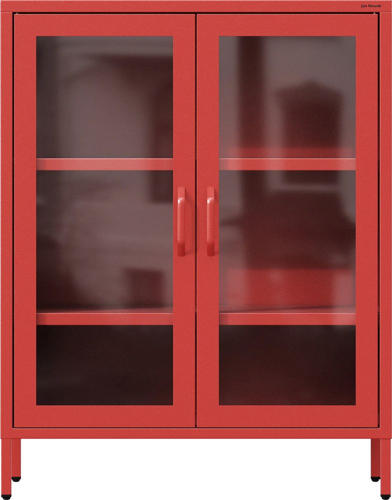 Jan Nowak kleiner Vitrinenschrank Kommode mit 2 Glastüren Gina 2 verstellbare Einlegeböden Standschrank aus Metall, 80 x 101,5 x 40 cm, Rot