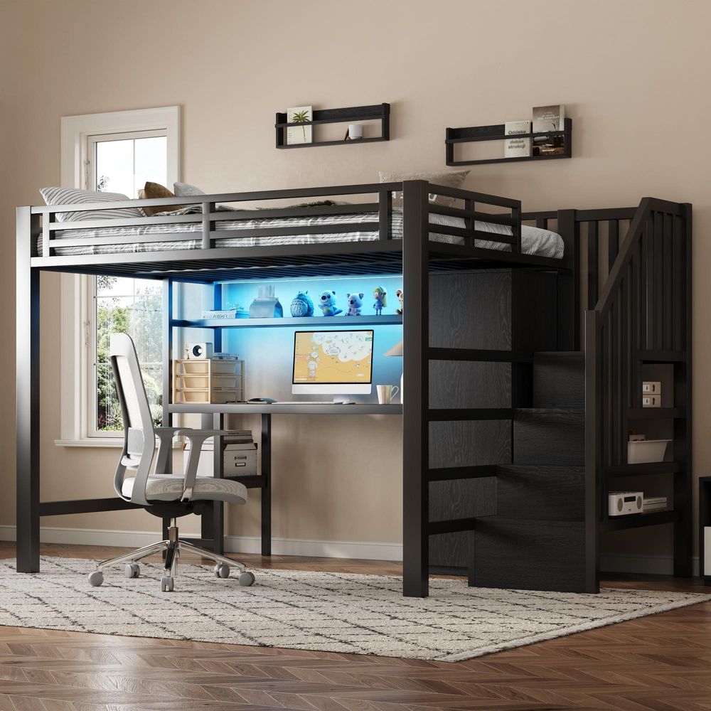 STILVORA Hochbett 140x200cm Jugendbett mit Schreibtisch und Kleiderschrank,Kindebett Bettgestell mit Regal und Stauraumtreppe,ohne matratze,Schwarz