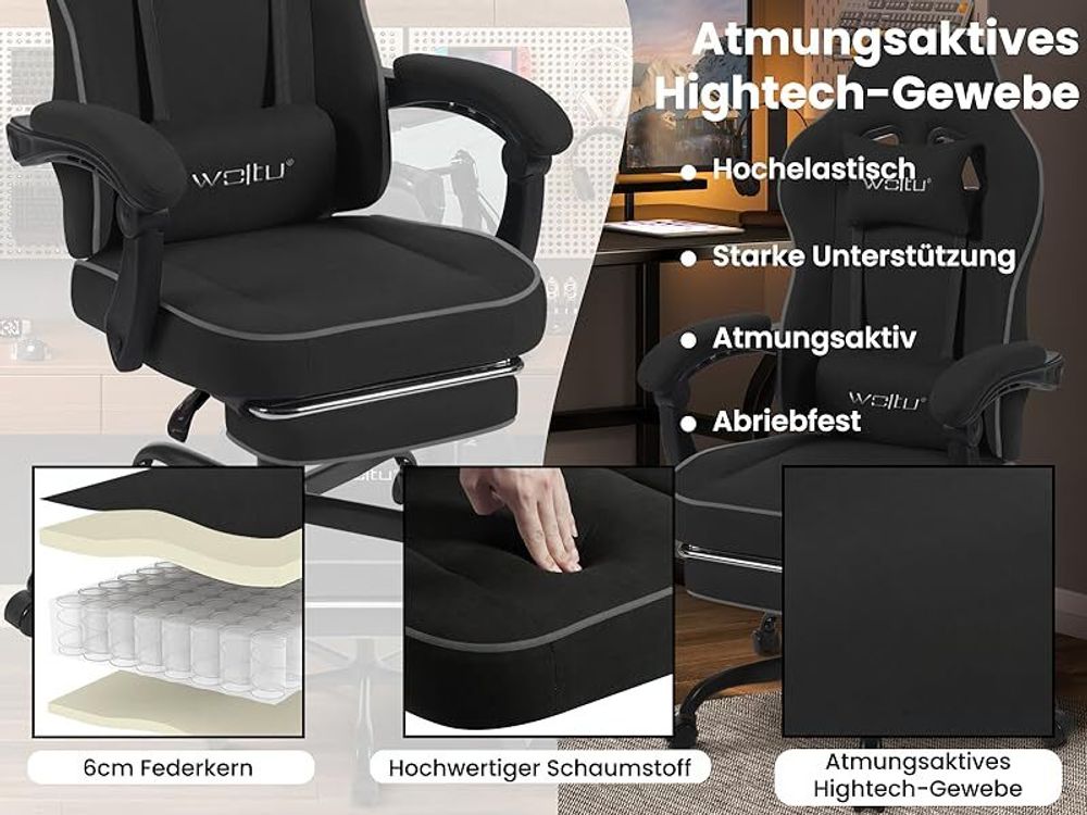 WOLTU Gaming Stuhl mit Taschenfederkissen, ergonomischer Drehstuhl, Tech-Stoff, Schwarz