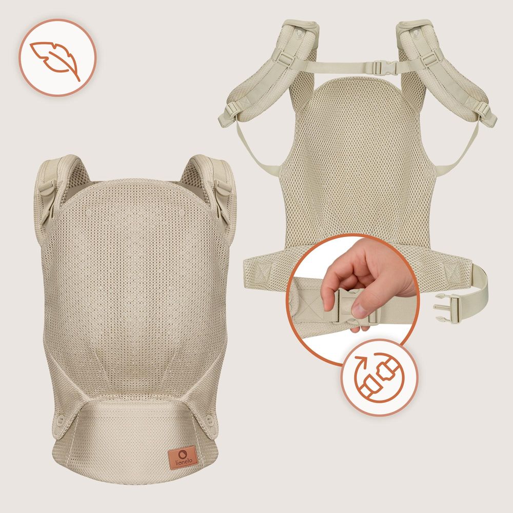 Margareet Air Ergonomische Babytrage, geeignet für Babys ab 4 Monaten bis 20 kg, 3 Tragemodi, atmungsaktives Gewebe, abnehmbare Kapuze - Beige