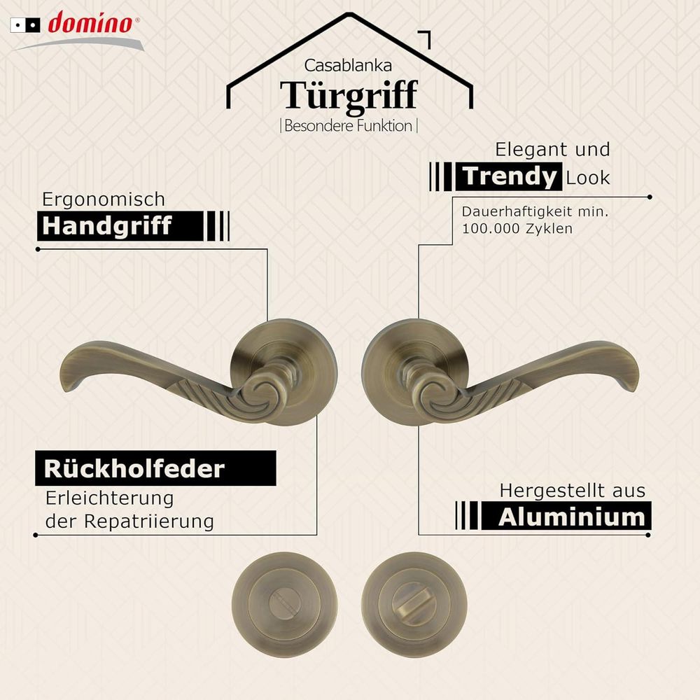 DOMINO Türgriff Drückergarnitur WC -Badezimmer Set | Rund-Rosette | Türklinke für Bürotür, Kellertür & Innentür | Aluminium | Bronze | CASABLANKA-R M3