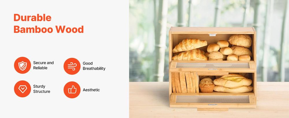 VEVOR Eck-Brotbox für die Küchenarbeitsplatte, doppelschichtige große Kapazität Bambus-Brotlagerbehälter, Bauernhaus-Holzbrotbox für hausgemachtes Brot, Aufbewahrungsbehälter mit akryl-welligem Tür, natürlich, Burlywood-a, Doppeldeck-a