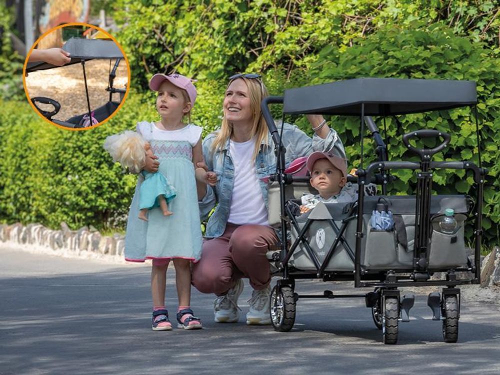 Miweba Bollerwagen MB-20 faltbar | Transportwagen mit Dach - Handwagen - Transportkarre - Hartgummireifen - mit Anschnall-Gurt - bis 100 kg (Grau)