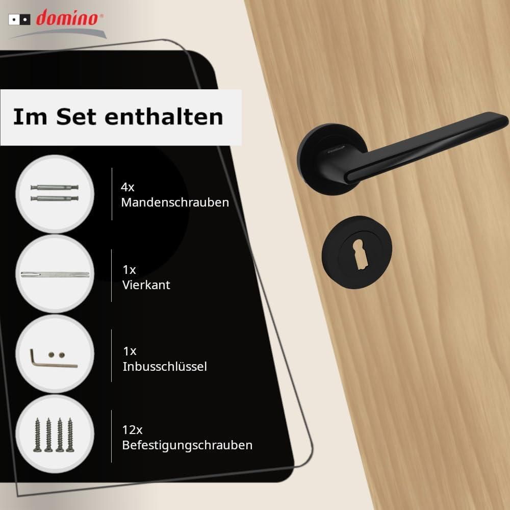 DOMINO Türgriff Drückergarnitur BB-Buntbart Set | Rund-Rosette | Türklinke für Bürotür, Kellertür & Innentür | Türbeschläge aus Znal | Schwarz Türdrückergarnitur | ONYKS-R SCHWARZ