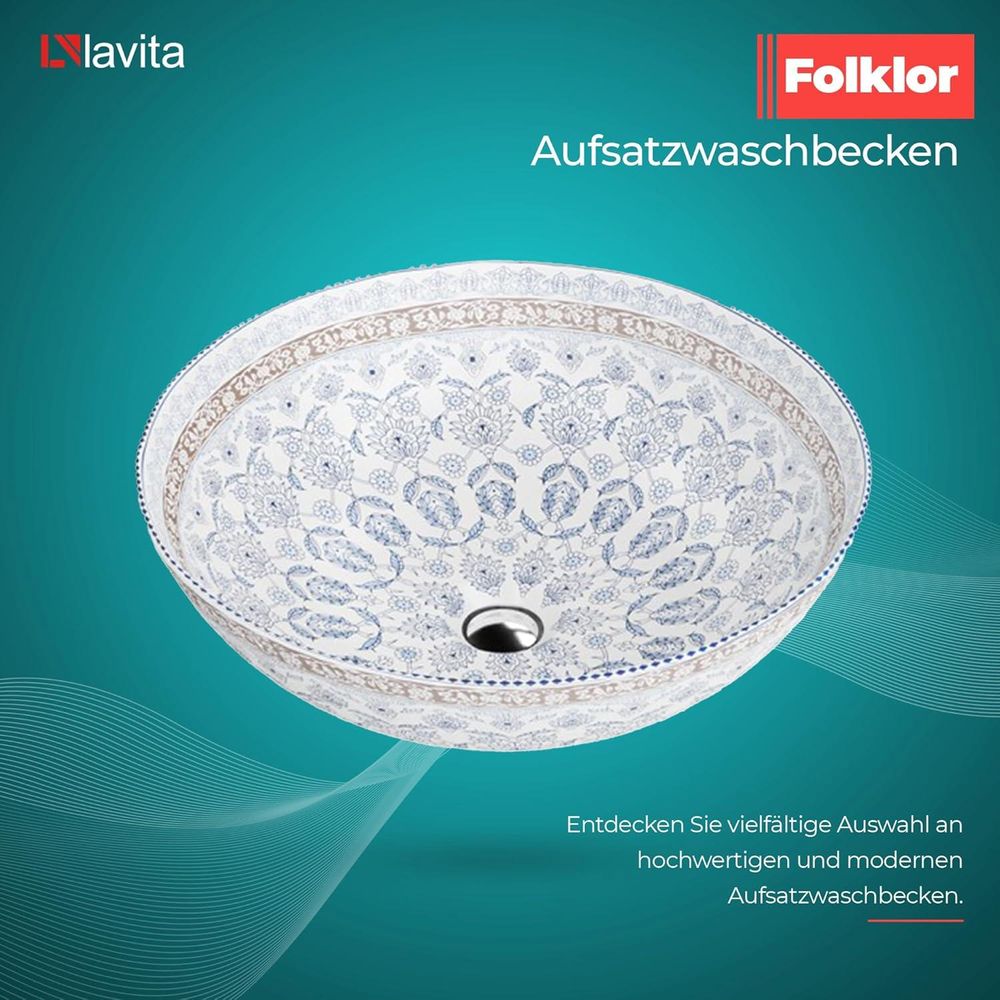 LAVITA Aufsatzwaschtisch Folklor | Aufsatzwaschbecken Rund | Waschbecken Ohne Überlauf und Hahnloch | Aus hochwertigem Porzellan | Waschtisch | 40x40x13,5 | Weiß/Blau